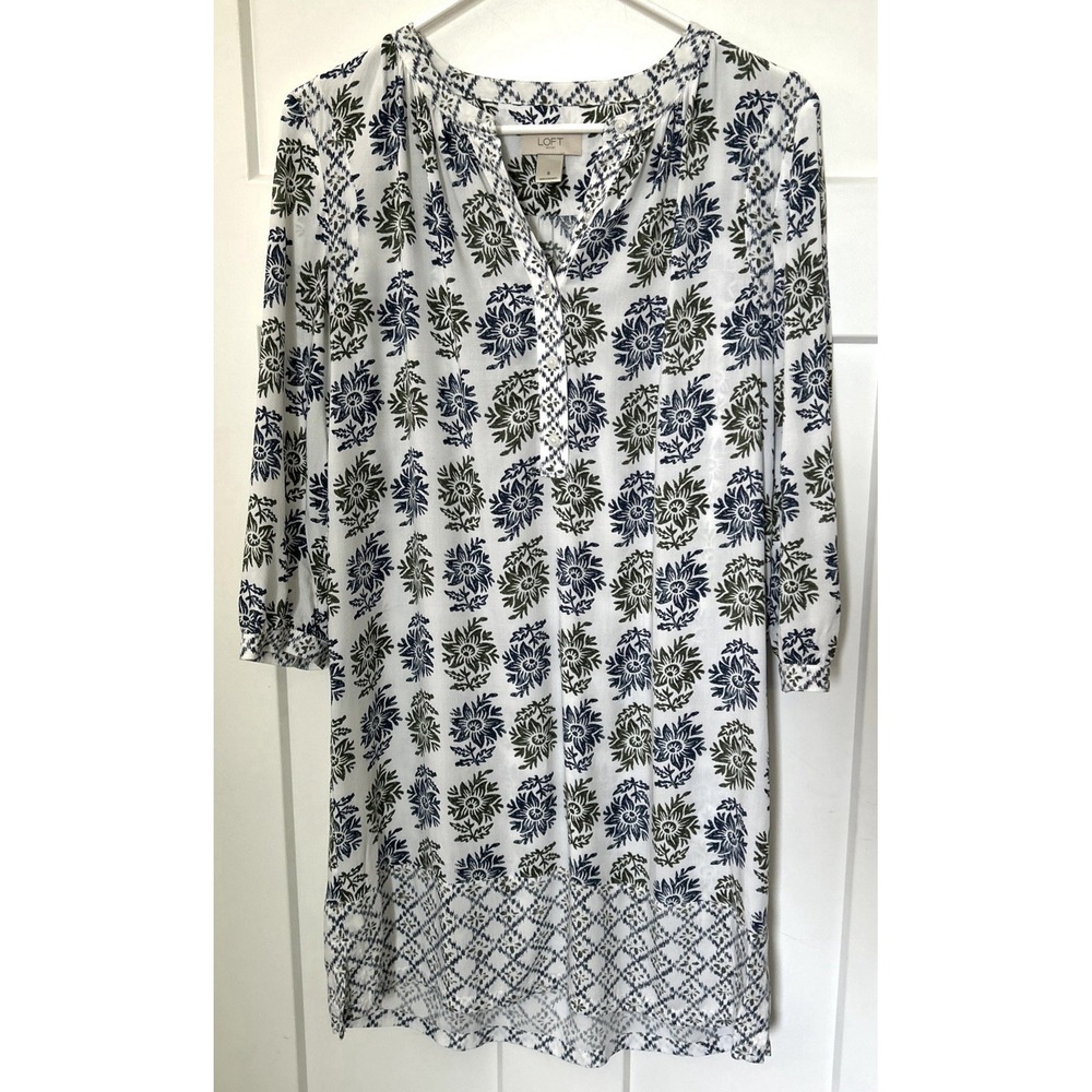 LOFT Ann Taylor Women's Boho Floral Dress-White Floral Long Sleeve - SMALL